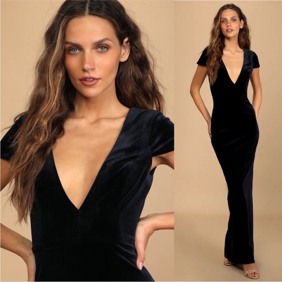 Navy Blue Velvet Deep V-Neck Cap-sleeve Maxi Dress 🌿 - Picture 4 of 12